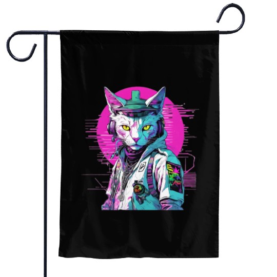 Neon Cyberpunk Warrior Cat Garden Flags