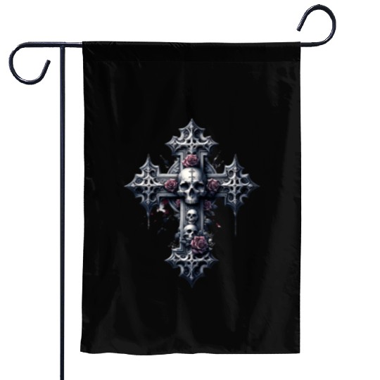 Gothic Cross Collection - Skulls and Red Roses Garden Flags