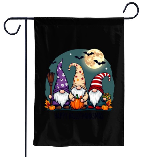 Happy Hallothanksmas Gnomes Celebration with Bats Garden Flags