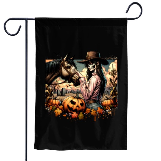 Haunting Cowgirl and Horse in Halloween Graveyard Garden Flags
