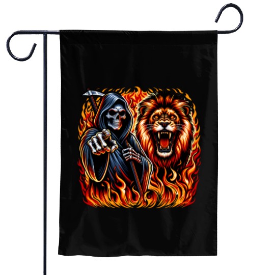 Hooded Skeleton and Roaring Lion in Fiery Flames Garden Flags