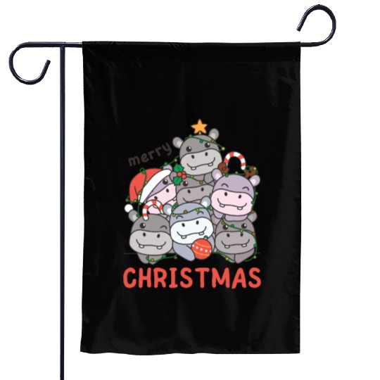 Hippo Christmas Tree Merry Christmas Garden Flags