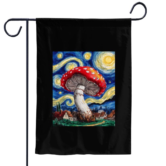 Starry Night Mushroom: Surreal Watercolor Dreamsca Garden Flags