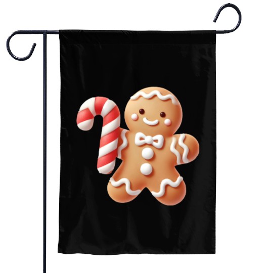 Happy gingerbread man with candy cane Garden Flags