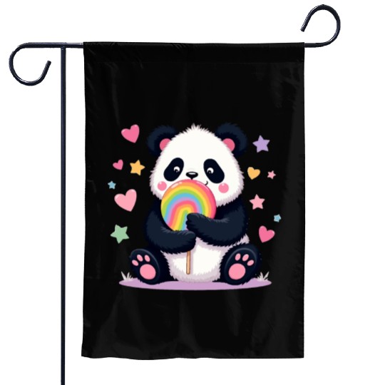 Chubby Panda with Rainbow Lollipop Garden Flags