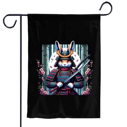 Samurai Rabbit with Katana and Cherry Blossoms Garden Flags