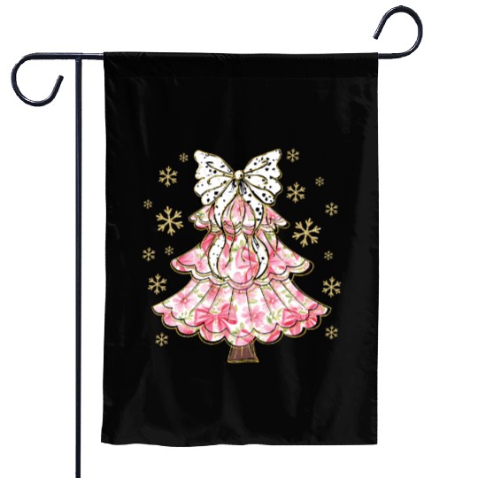 Preppy Pink Coquette Bow Xmas Tree Garden Flags