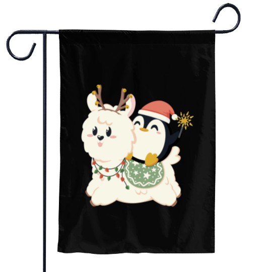 Alpaca and penguin celebrate Christmas Garden Flags