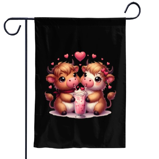 Cute Cartoon Valentines Highland Cow Garden Flags