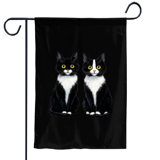 Elegant Black and White Cat Illustration Garden Flags