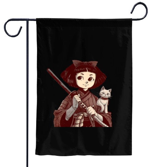 Chibi Samurai Warrior Cat Companion & Blossoms Garden Flags