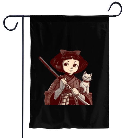 Chibi Samurai Warrior Cat Companion & Blossoms Garden Flags