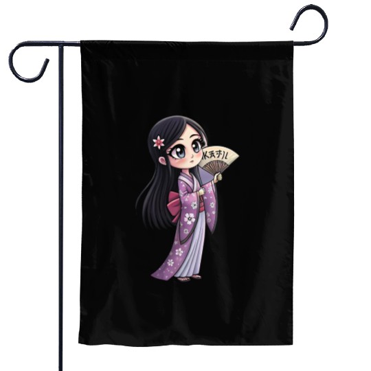 Cute Chibi Geisha Anime Inspired Kimono Design Garden Flags