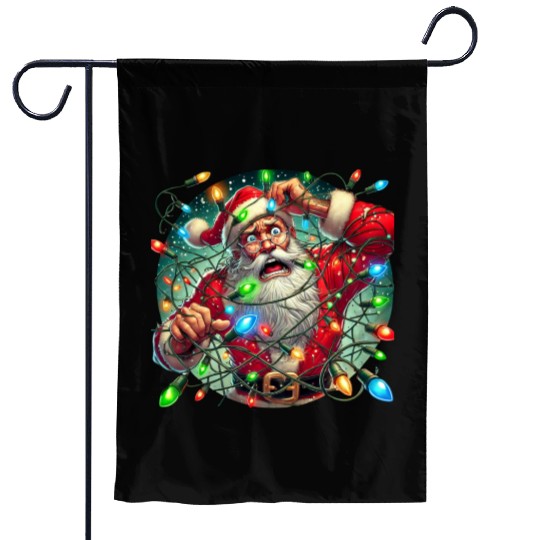Funny Christmas Santa: Tangled in Lights Garden Flags
