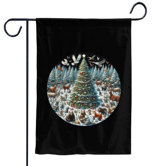 Snow-Dusted Christmas Tree with Woodland Animals Garden Flags