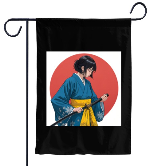 Blossom and Blade: Kimono-Clad Warrior Girl, Japan Garden Flags