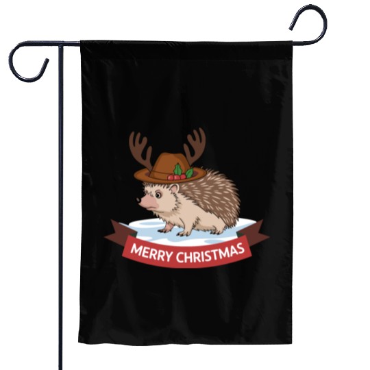 Grumpy Hedgehog Merry Christmas Deer Antler Hat Garden Flags