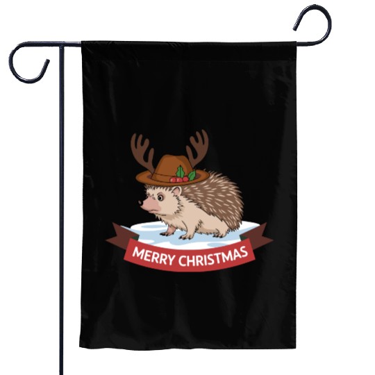 Grumpy Hedgehog Merry Christmas Deer Antler Hat Garden Flags