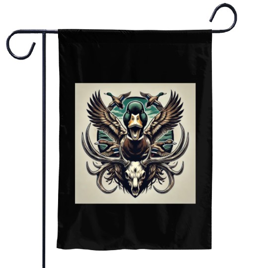 Mallard duck flying over deer skull in marsh Garden Flags