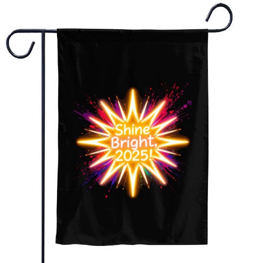 A large starburst glowing in neon light with 2025 Garden Flags