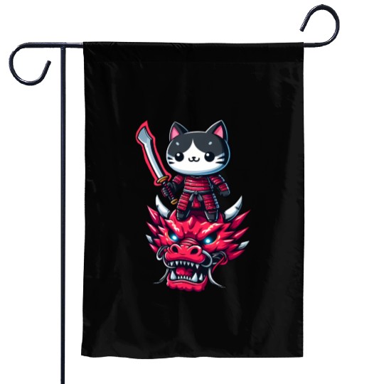 Samurai Cat with Sword on Dragon in Epic 3D Effect Garden Flags
