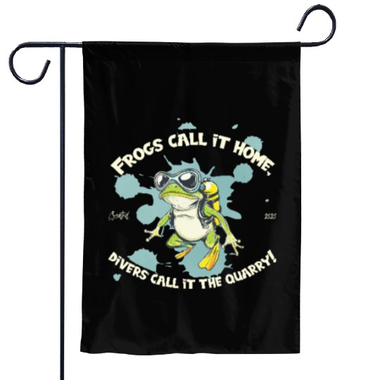 Diver Frog With Saying Home Meets Quarry Pond Garden Flags