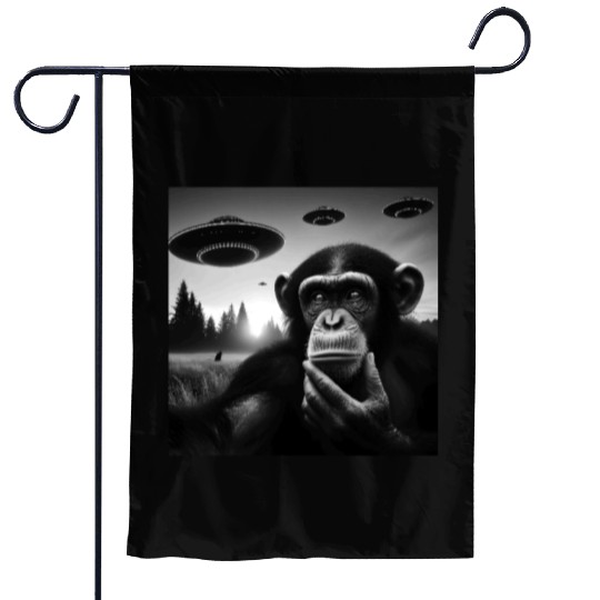Chimp Monkey Ape Funny Selfie with UFOs Weird Alie Garden Flags