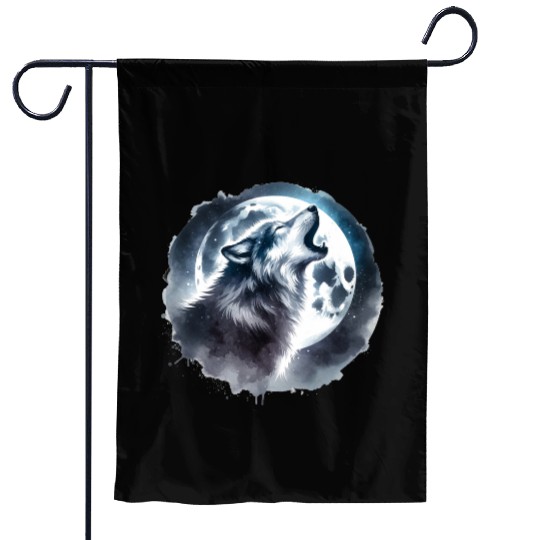 Wolf and Moon Garden Flags