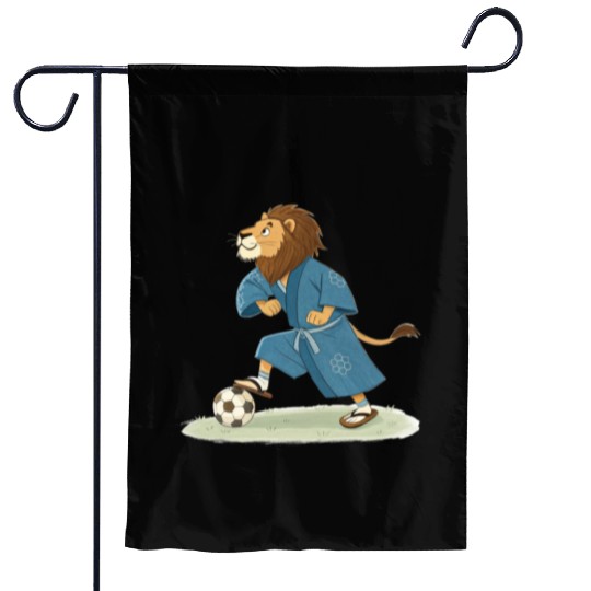 Lion playing soccer in karate kimono Garden Flags