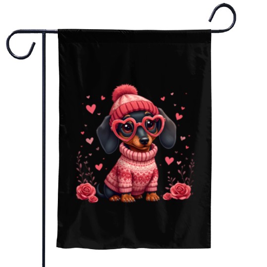 Cute Valentine Dachshund in Cozy Sweater Garden Flags
