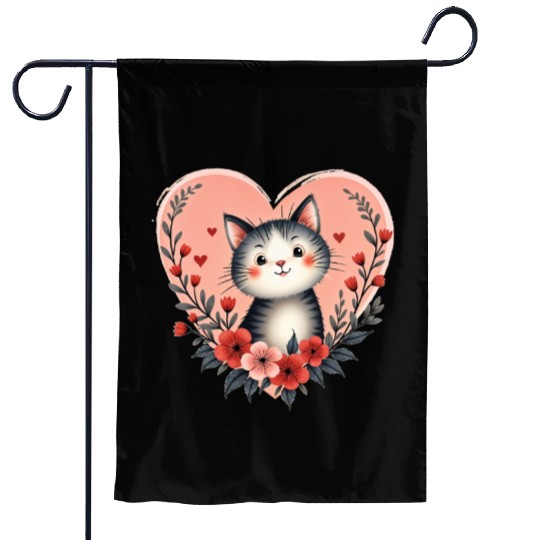 Cat Floral Heart Happy Valentine's Day Garden Flags