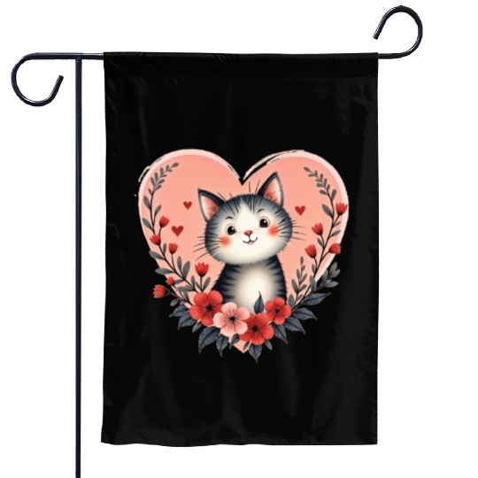 Cat Floral Heart Happy Valentine's Day Garden Flags