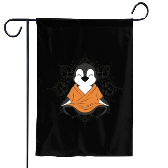 Meditative Penguin in Zen Mandala Harmony Garden Flags