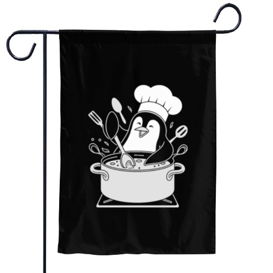 Chef Penguin Cooking with Utensils in Pot Garden Flags
