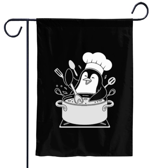 Chef Penguin Cooking with Utensils in Pot Garden Flags