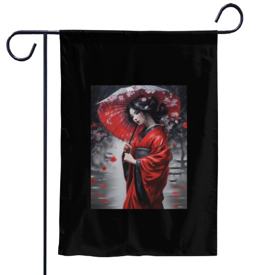 Geisha umbrella rain storm cherry blossoms Garden Flags