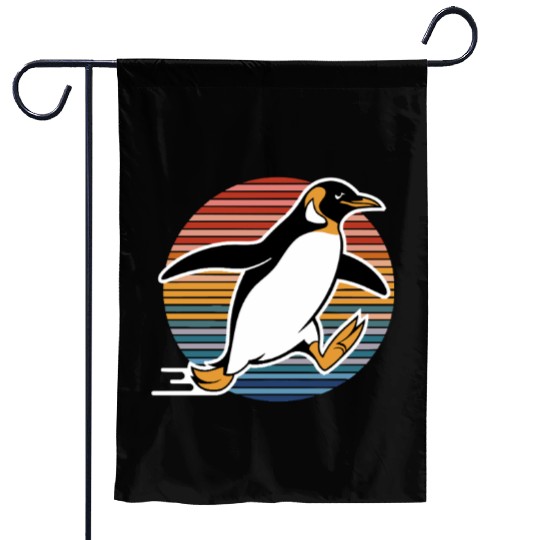 Retro Penguin Running Adventure Graphic Garden Flags