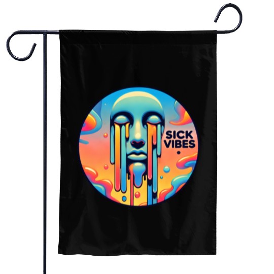Psychedelic Melting Face with Vibrant Neon Garden Flags