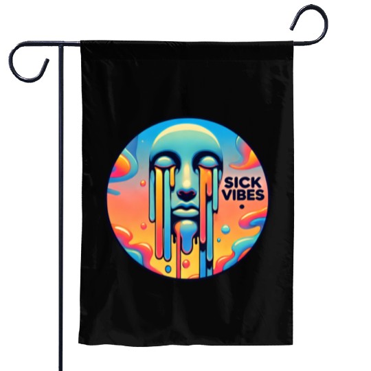 Psychedelic Melting Face with Vibrant Neon Garden Flags