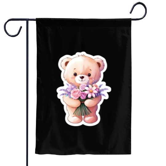 Teddy bear with bouquet of flowers Garden Flags
