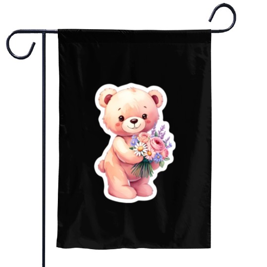 Teddy bear with bouquet of flowers Garden Flags
