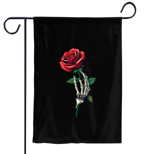 Skeleton Hand Holding a Rose: Beauty in the Dark Garden Flags