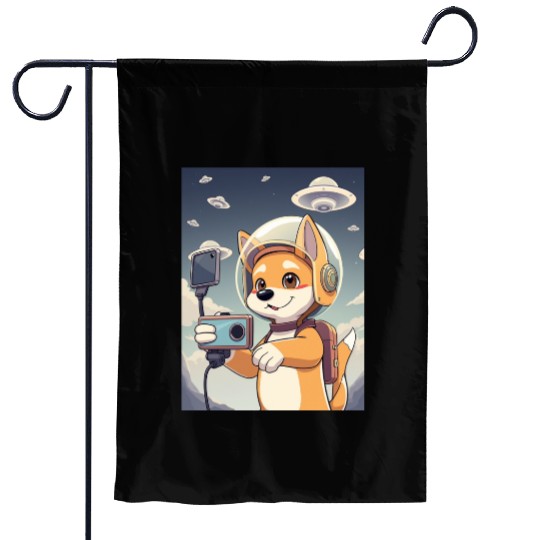 Funny Dog Rescue Anime Selfie with UFOs Weird Garden Flags