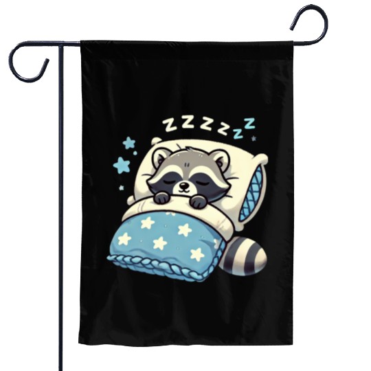Raccoon Sleeping In Bed At Night Time Garden Flags
