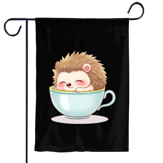 Cute hedgehog relaxing in a light blue cup Garden Flags