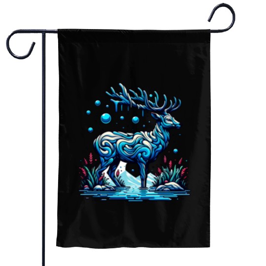 Majestic Blue Deer in Enchanted Forest Garden Flags