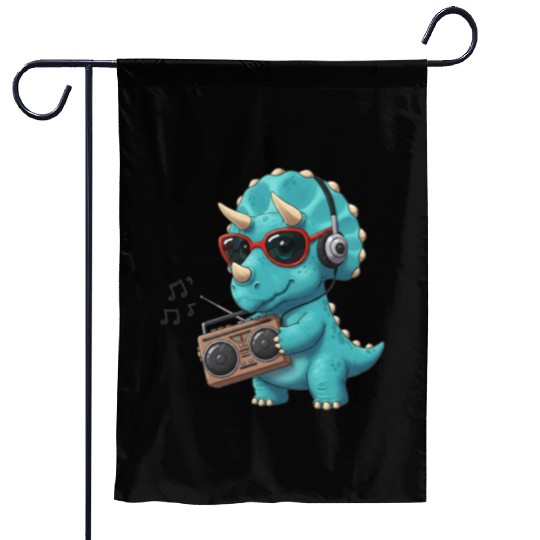 Dino cartoon triceratops listening to music Garden Flags