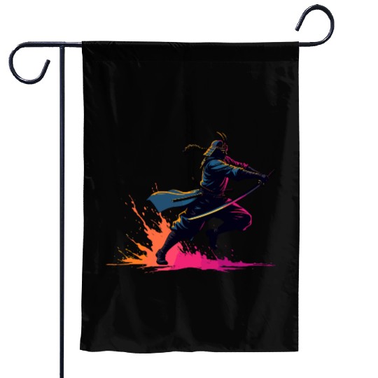 Neon Samurai Warrior in Action Retro Art Garden Flags
