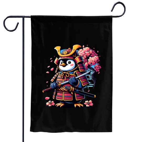 Penguin Samurai with Cherry Blossoms Garden Flags
