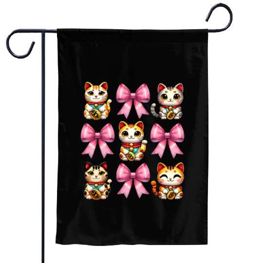 Coquette Bow Maneki Neko Japanese Cat Lucky Pink Garden Flags